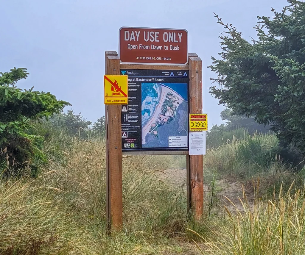 BLM day use sign at Bastendorff Beach near Charleston, Oregon