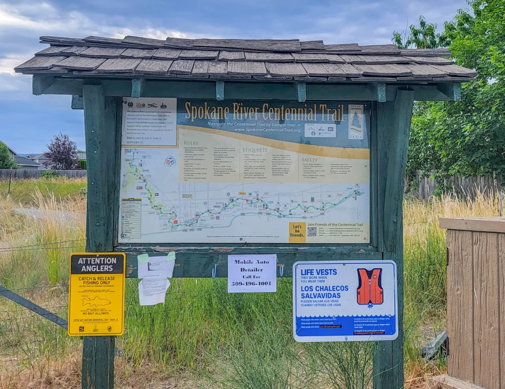 Spokane River Centennial Trail information kiosk with route map