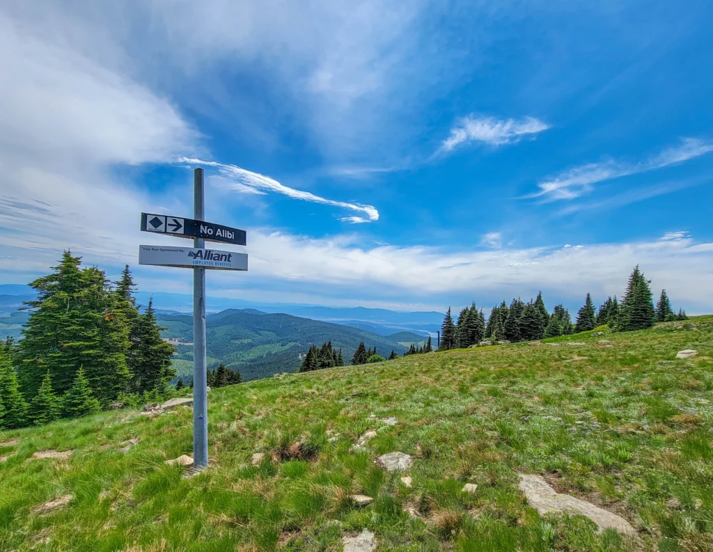 No Alibi run sign in a summer meadow at the top of Mt. Spokane