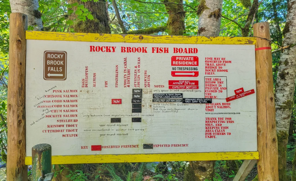 The Rocky Brook Fish Board sign listing salmon and trout species and marking private property boundaries