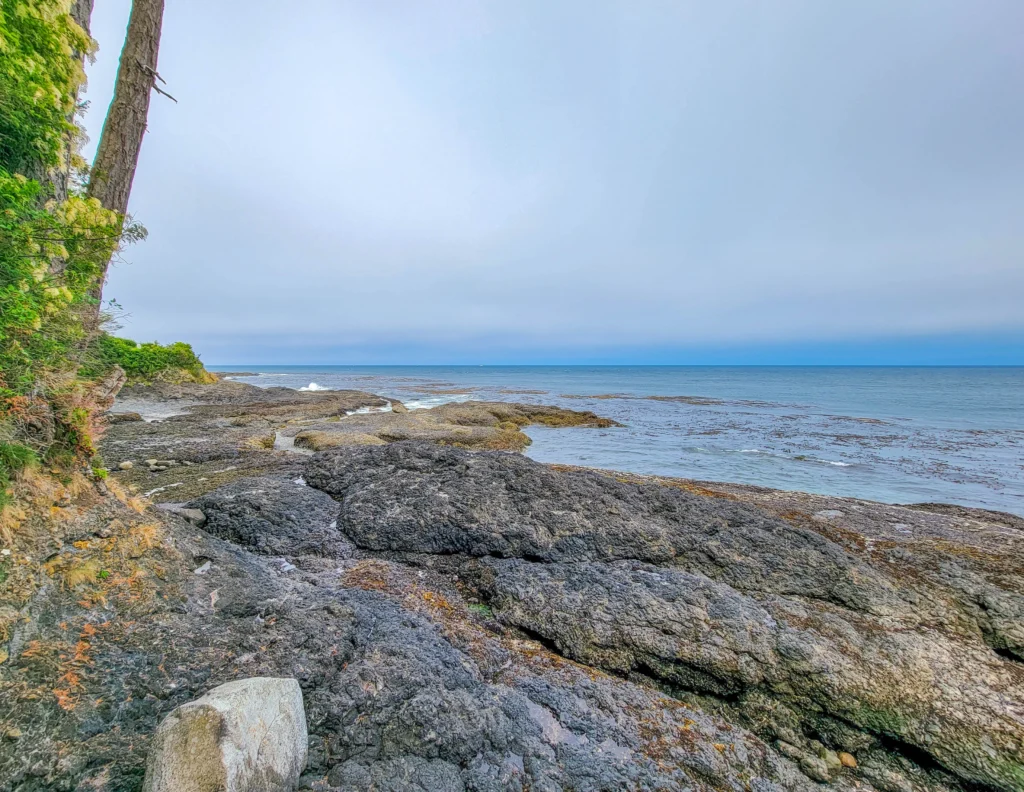 Rocky shelf at Salt Creek with Vancouver Island on the horizon
