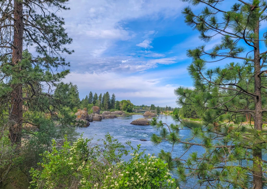 Spokane River with rock outcrops and a bridge on the eastern Centennial Trail