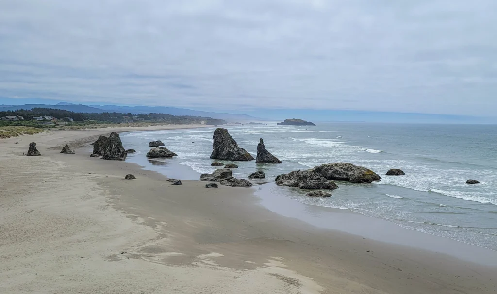 Wide view of Bandon Beach with sea stacks and the bluff above