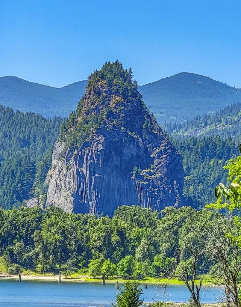 Beacon Rock rising from the Columbia River, seen from across the water, Washington