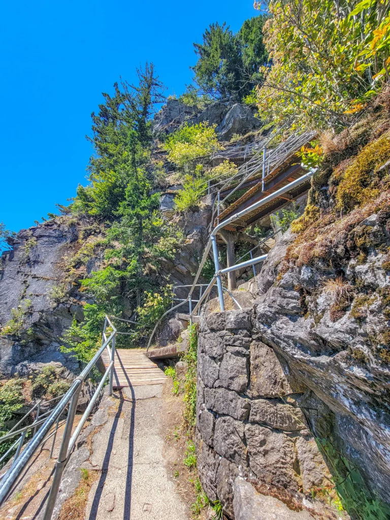 Timber cribbing and steel supporting a catwalk on the Beacon Rock trail