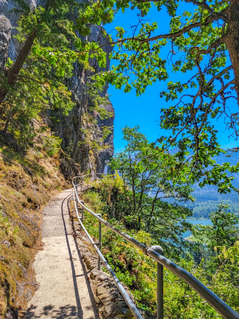 Trail cut into the cliff face with pipe railing, Beacon Rock, Washington