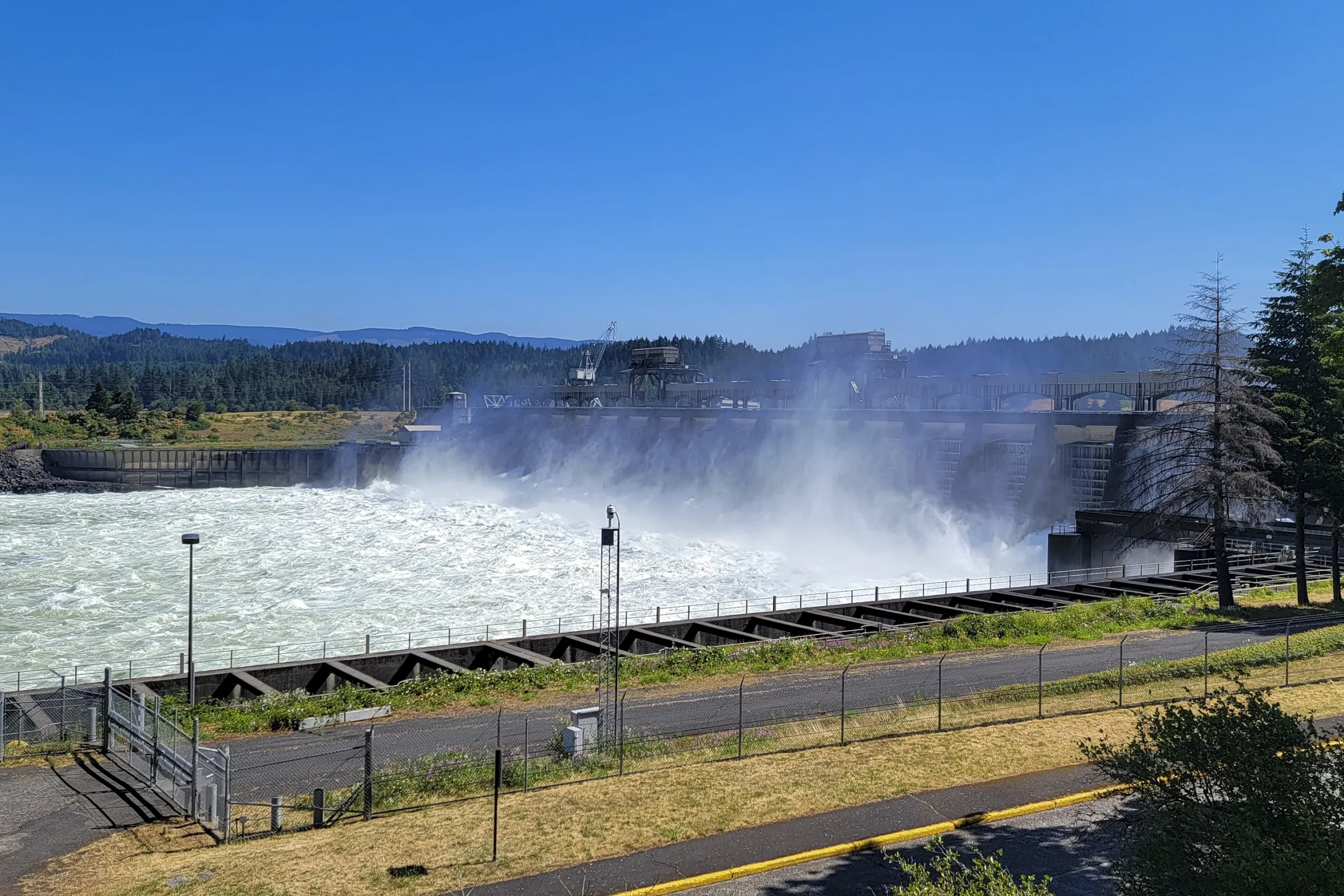 Water spilling through the gates at Bonneville Dam on the Columbia River, Oregon