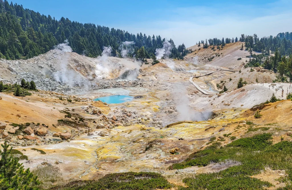 Steaming fumaroles and turquoise hot pools in the Bumpass Hell basin, Lassen Volcanic National Park, California
