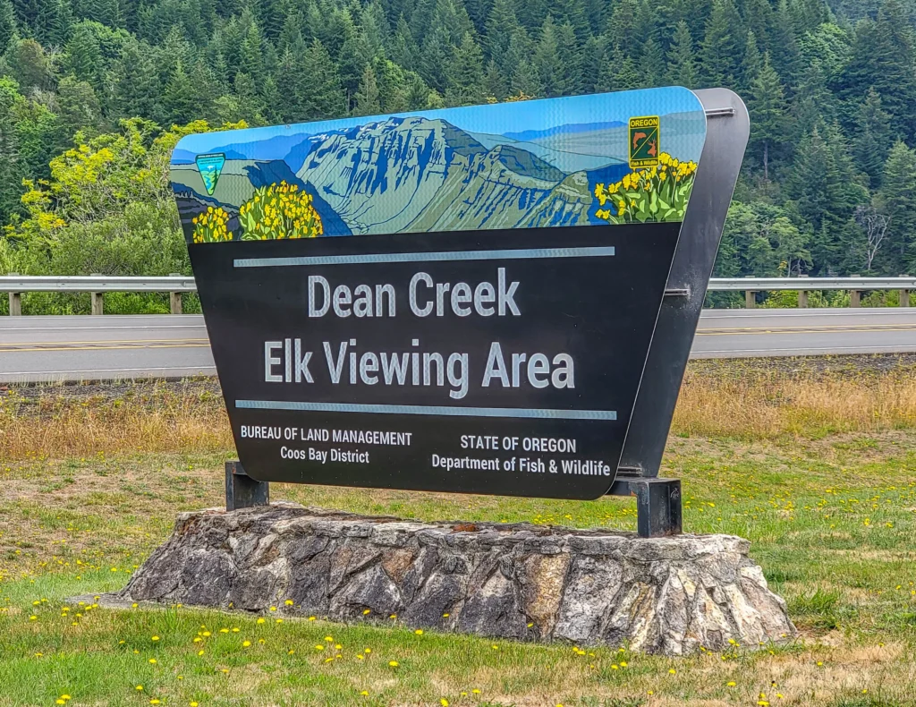 Dean Creek Elk Viewing Area entrance sign showing joint BLM and Oregon Department of Fish and Wildlife management