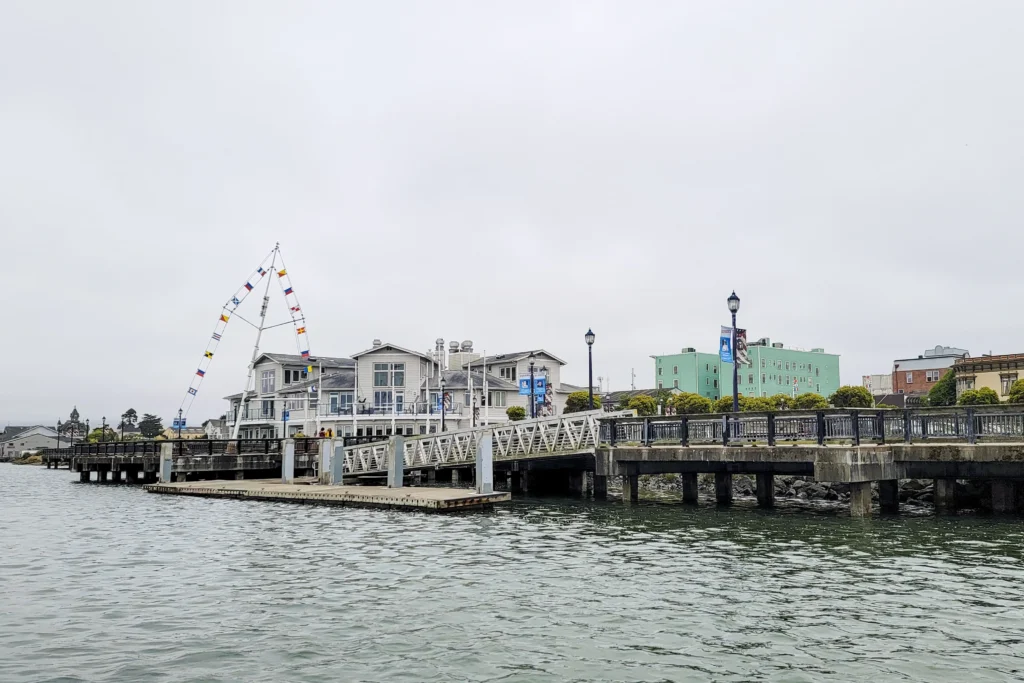 The Eureka waterfront, Madaket cruise dock, and boardwalk seen from Humboldt Bay