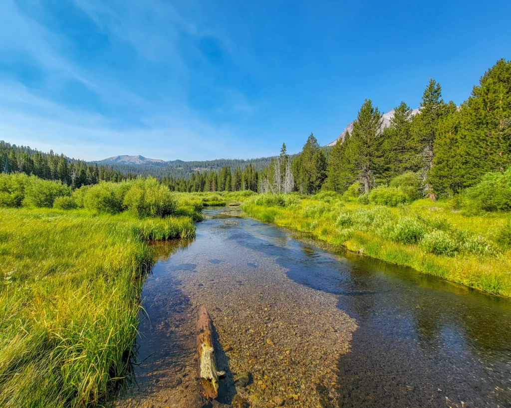 Kings Creek running through meadow below Lassen Peak, Lassen Volcanic National Park