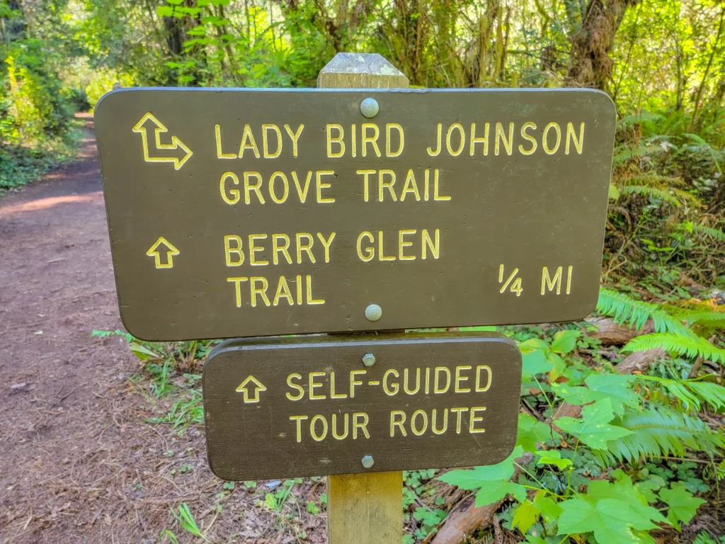 Brown trail sign in a forest pointing to Lady Trail sign for Lady Bird Johnson Grove Trail and Berry Glen Trail, with self-guided tour route marker
