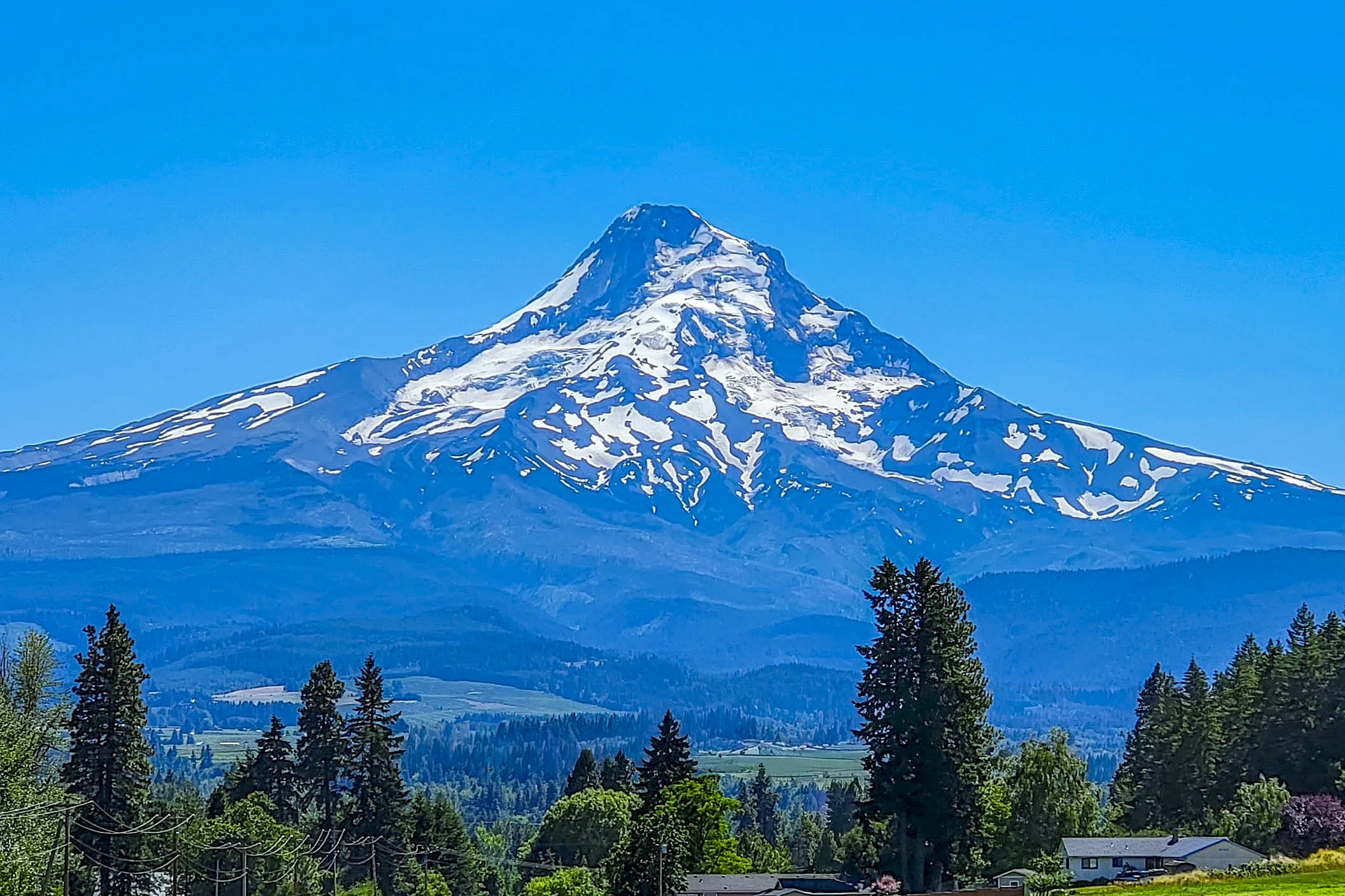 Mount Hood rising above the Hood River Valley on a clear July afternoon, Oregon