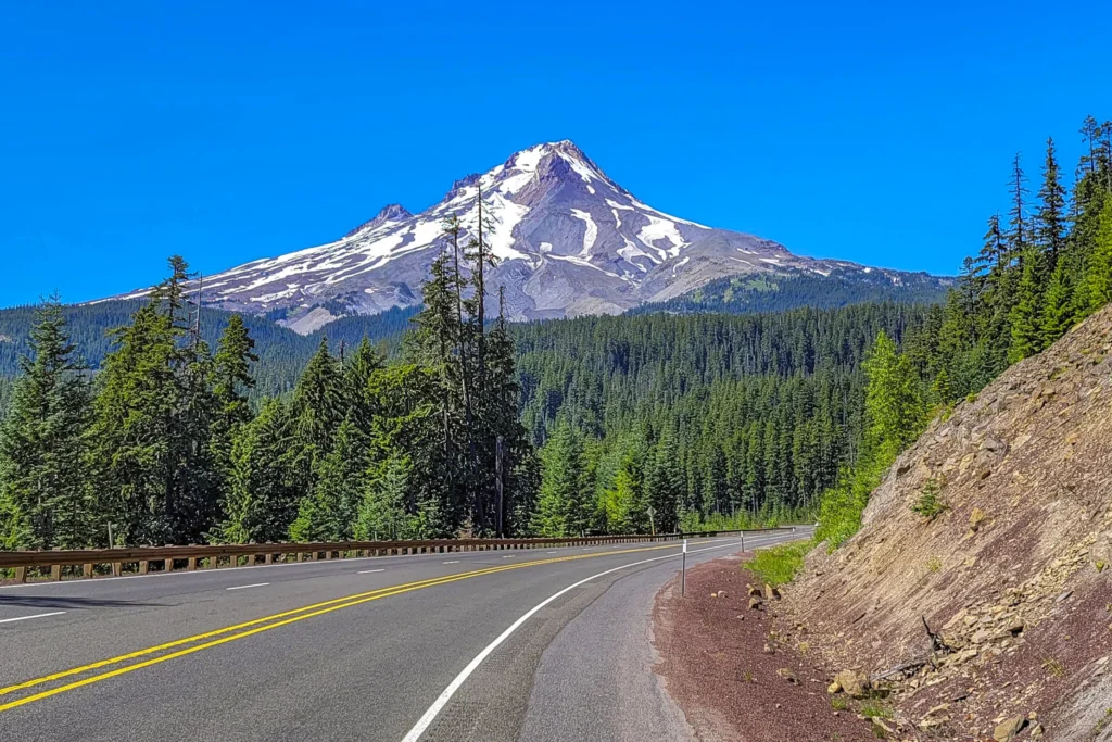 Mount Hood above the highway on the Mount Hood Scenic Byway, Oregon