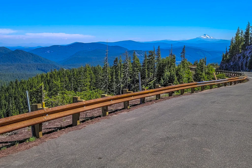 Mount Jefferson on the southern horizon from a viewpoint on the Mount Hood Scenic Byway