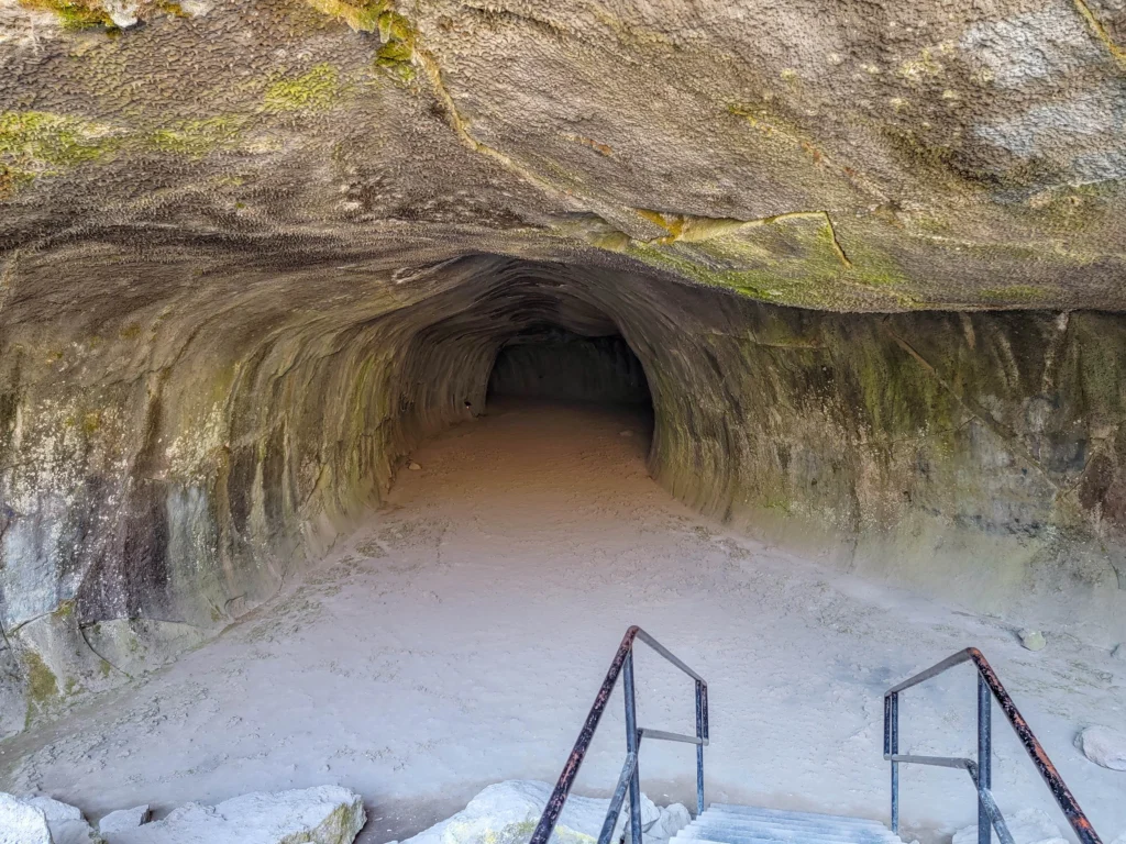 Looking into the lava tube from the bottom of the Subway Cave entrance stairs