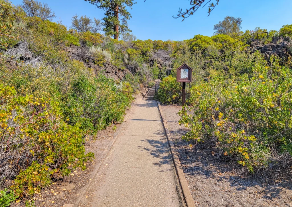 Paved trail through lava flow and manzanita to the Subway Cave entrance