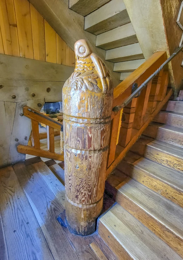 Hand-carved newel post topped with an eagle, Timberline Lodge