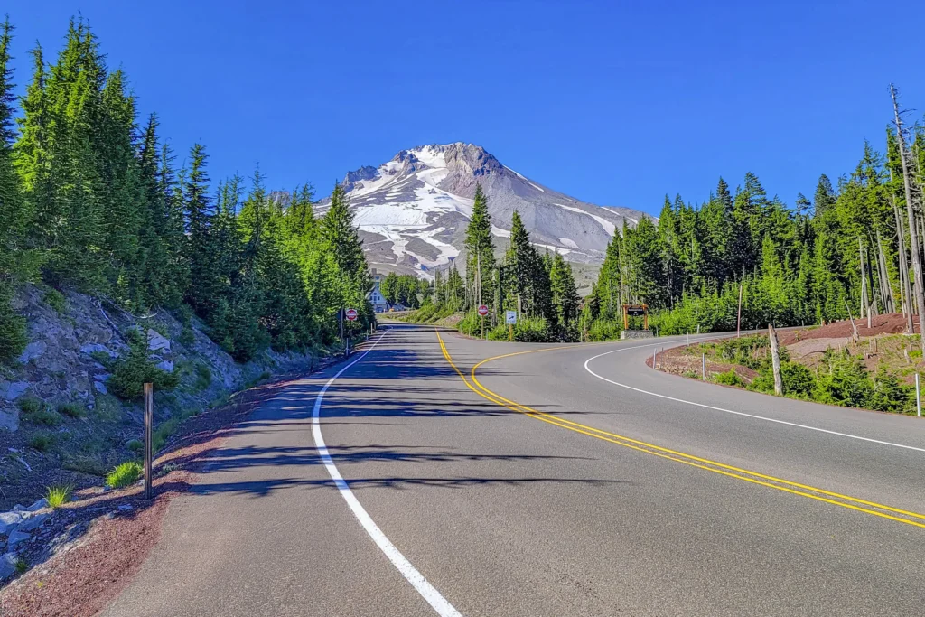Timberline Road curving toward Mount Hood and the lodge, Oregon