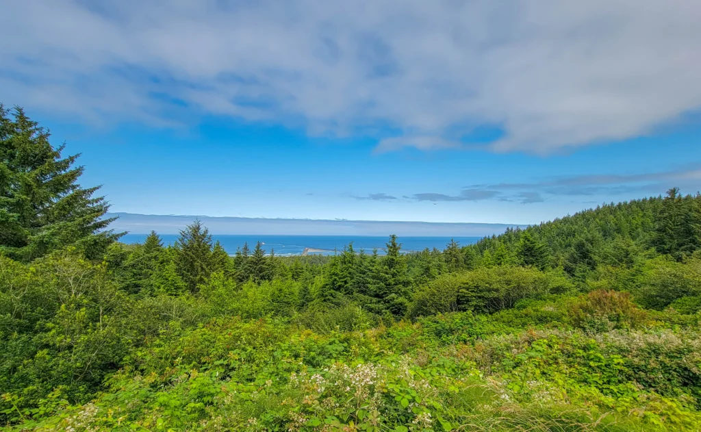 The Umpqua River mouth and jetties seen from the whale watching platform at Winchester Bay, Oregon