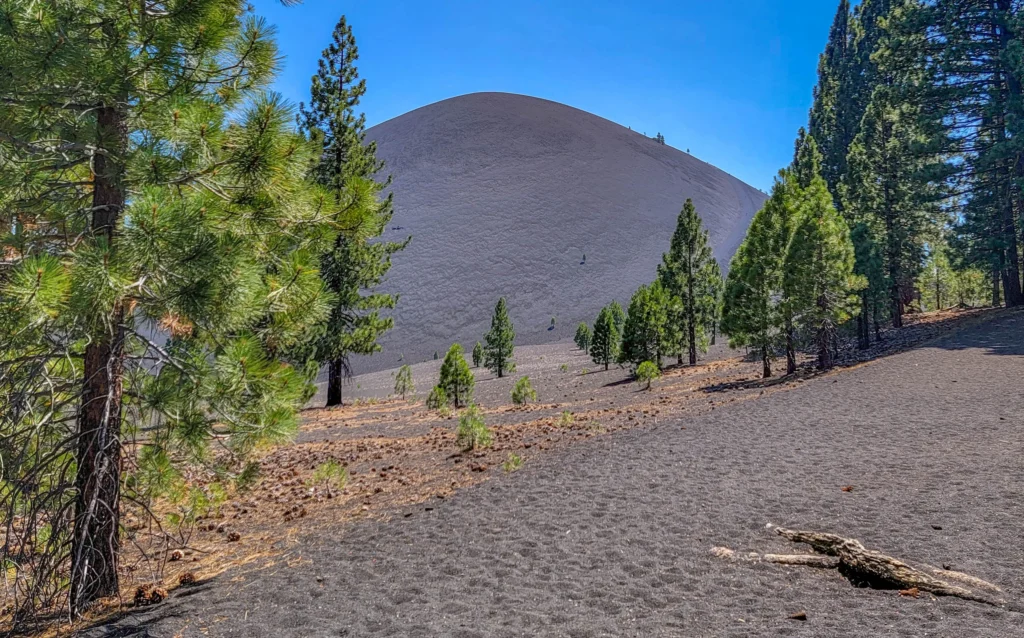 Cinder Cone volcano rising above the cinder plain in Lassen Volcanic National Park, California