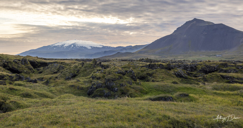 View of Sneafellsjokull  across Berserkjahraun lava fields