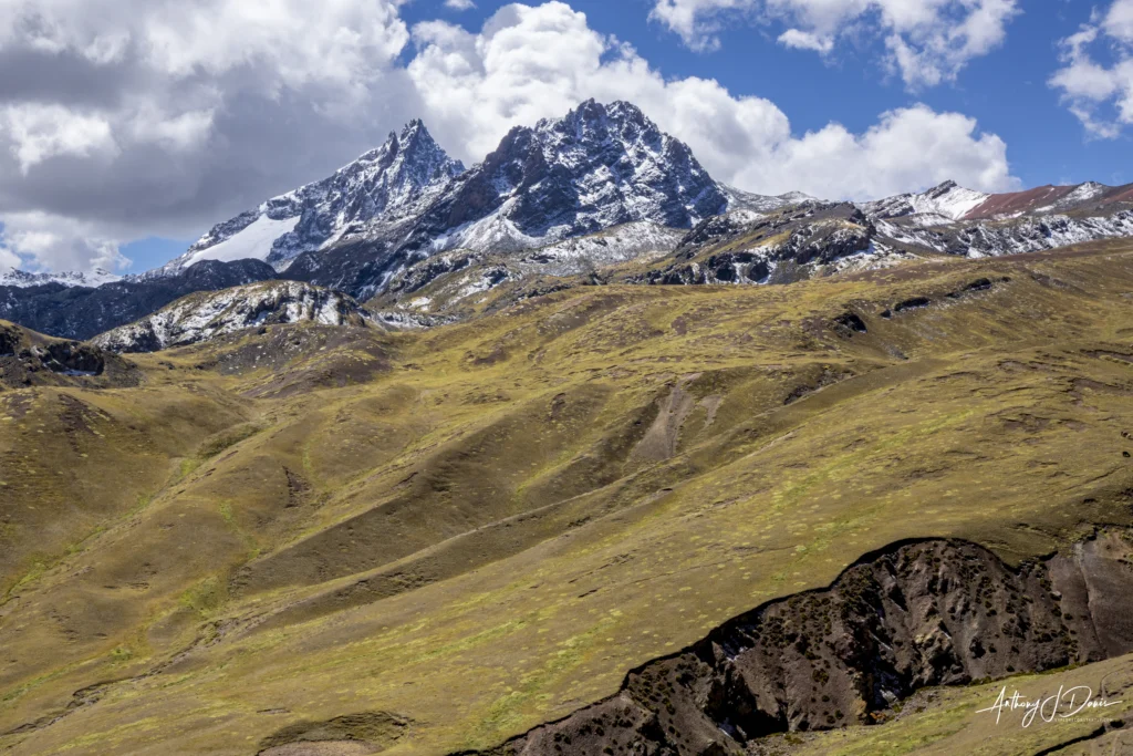 Snowy mountain range under a blue sky with fluffy clouds over brown, rolling meadows.