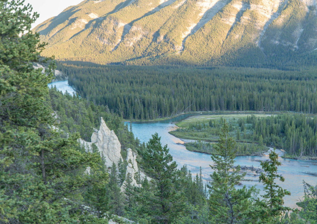 Hoodoos with Mount Rundle and Bow River in the background